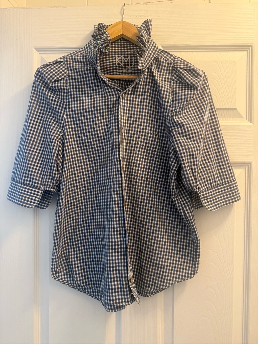 KMJ Navy and White Gingham Button-Up Ruffled Collar Shirt - Medium